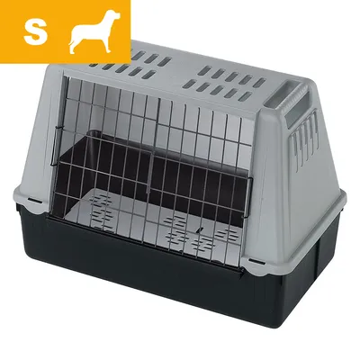 Plastic pet carrier with metal front door, ventilation slots on top and sides, and a yellow label showing size S with a dog silhouette. Plastic pet carrier with metal front door, ventilation slots on top and sides, and a yellow label showing size S with a dog silhouette.