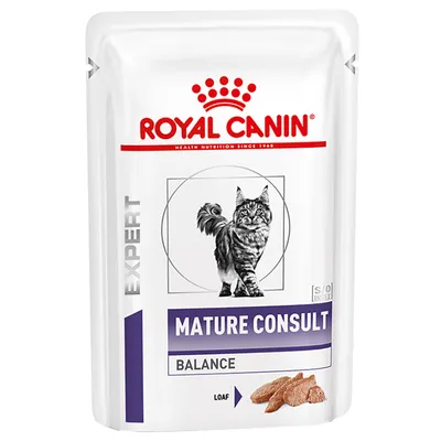 Опаковка Royal Canin Expert Mature Consult Balance Loaf с изображение на котка и парчета пастет. Видим текст: EXPERT, MATURE CONSULT, BALANCE, LOAF.