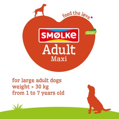 SMØLKE Adult Maxi s prírodnými prísadami, vhodné pre veľké dospelé psy nad 30 kg, vek 1 až 7 rokov. feed the love.