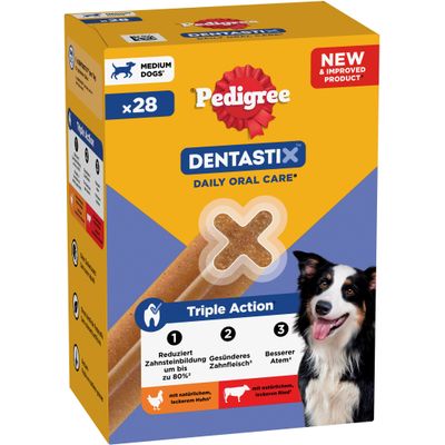 Pedigree Dentastix Daily Oral Care za srednje velike pse, 28 kosov. Trojno delovanje: zmanjšuje nastanek zobnega kamna, bolj zdrave dlesni, boljši zadah. S piščancem in govedino.