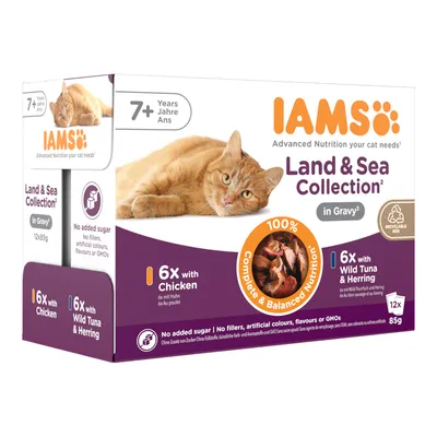 IAMS Land & Sea Collection σε σάλτσα, 12x85g. 6x με κοτόπουλο, 6x με άγριο τόνο και ρέγγα. Για γάτες άνω των 7 ετών. Χωρίς προσθήκη ζάχαρης, τεχνητά χρώματα ή πληρωτικά.