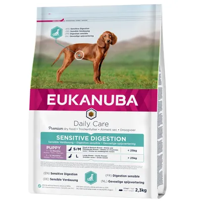 Eukanuba Daily Care Sensitive Digestion kuivaruoka koirille. Pienille/keskikokoisille roduille <25 kg ja suurille roduille >25 kg, sopii 1–12 kk pennuille. Pakkauskoko: 2,3 kg.