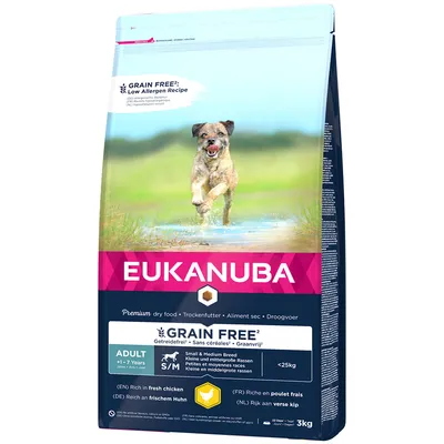 Eukanuba Premium suché krmivo, bez obilovin, pro malé a střední plemena, dospělí 1–7 let, s čerstvým kuřetem, balení 3 kg.