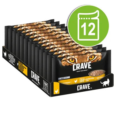 12 пакета Crave храна за котки, изображение на котешки очи, текст: 100 % натурални съставки, без зърнени, Sauce Gravy, икона с пиле. 12 пакета Crave храна за котки, изображение на котешки очи, текст: 100 % натурални съставки, без зърнени, Sauce Gravy, икона с пиле.