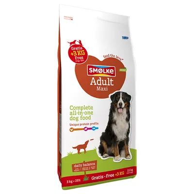 Smølke Adult Maxi cibo per cani, completo all-in-one, +3kg gratis, equilibrio quotidiano per articolazioni, pelle e pelo. Profilo proteico unico.