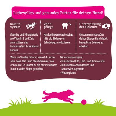 Liebevolles und gesundes Futter für Hunde: Unterstützung des Immunsystems, Zahnpflege, Gelenke. Ohne künstliche Duft-, Farb-, Aromastoffe, Antioxidantien, Konservierungsstoffe, Weizengluten.