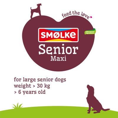 SMØLKE Senior Maxi, with natural ingredients. For large senior dogs over 30 kg and older than 6 years. feed the love.
