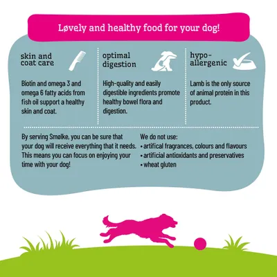 Smølke Dog Food: Biotin and omega fatty acids for skin and coat, easily digestible ingredients, lamb as the only protein source, free from artificial additives and wheat gluten.