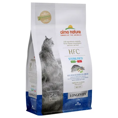Almo Nature HFC Sterilised kattefoder, Made in Italy, med frisk havbars og dorade, biotilgængeligt fiskeprotein, til ældre katte. Pakningsstørrelse: 1,2 kg.