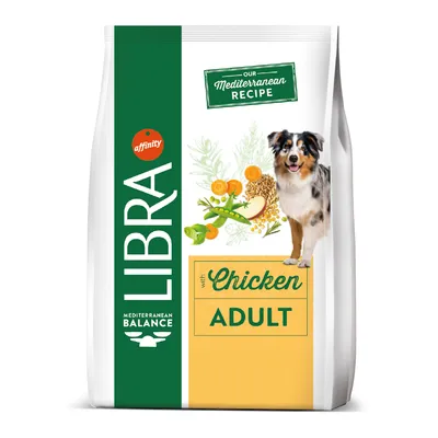 Sac de croquettes pour chien adulte Libra Mediterranean Balance, avec poulet. Texte visible : affinity, Our Mediterranean Recipe, with Chicken ADULT.