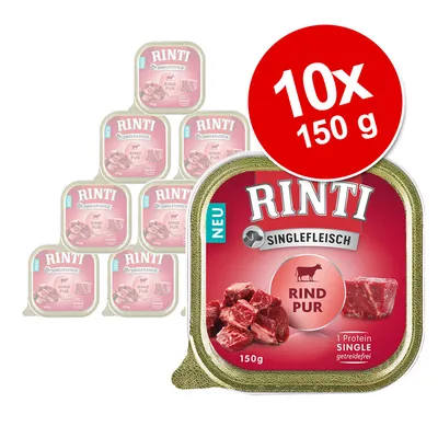 Pachet 10 x 150 g Rinti Singlefleisch Rind Pur, conserve cu carne de vită. Text vizibil: 1 Protein Single, getreidefrei, NEU.