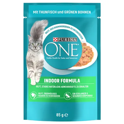 Purina ONE Indoor Formula med tonfisk och gröna bönor, stödjer tarmmikrobiomet, minskar överdriven fällning, främjar slank och hälsosam kropp. 85 g.