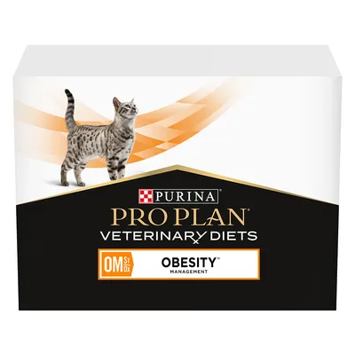 Purina Pro Plan Veterinary Diets OM Obesity Management. Pakkaus, jossa on kissa ja oranssi design.