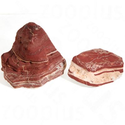To røde og hvide dekorationssten med lagdelte mønstre, velegnet til akvarier eller terrarier. Begge sten har synlige naturlige strukturer og varierende former.