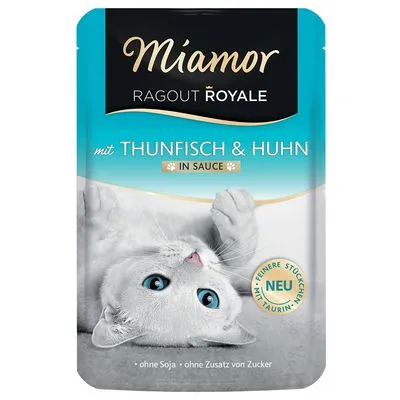 Miamor Ragout Royale mit Thunfisch & Huhn in Sauce, sans soja, sans sucre ajouté, mention NEU, image d’un chat gris aux yeux bleus sur l’emballage. Miamor Ragout Royale mit Thunfisch & Huhn in Sauce, sans soja, sans sucre ajouté, mention NEU, image d’un chat gris aux yeux bleus sur l’emballage.