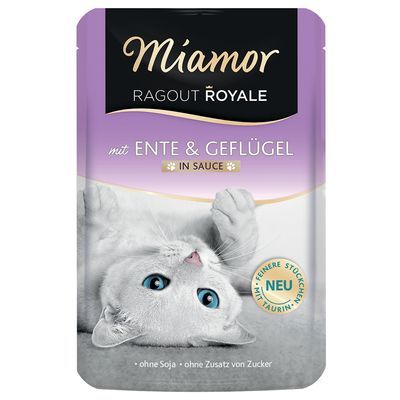 Miamor Ragout Royale mit Ente & Geflügel in Sauce, sans soja, sans ajout de sucre, texte en allemand, sachet avec chat blanc allongé, mention NEU et taurine visible.