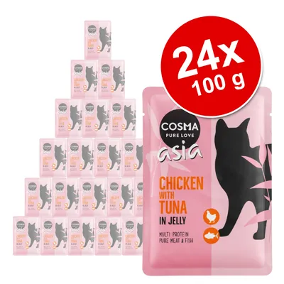 Cosma Asia Chicken with Tuna in Jelly, 24 x 100 g. Opakowania z widocznym napisem: multi protein, pure meat & fish. Grafika kota i symbole kurczaka oraz tuńczyka.