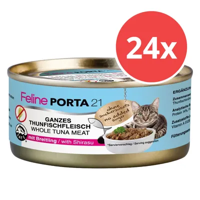 Feline Porta 21, Ganzes Thunfischfleisch mit Breitling und Shirasu, ohne Zuckerzusatz. Packung enthält 24 Dosen. Serviervorschlag mit Katzenmotiv.