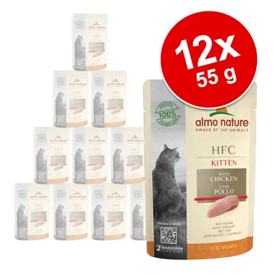 Almo Nature HFC Kitten cu pui, 12x55g. Potrivit pentru pisici de 2-12 luni. 100% ingrediente naturale. Cod QR vizibil pe ambalaj.