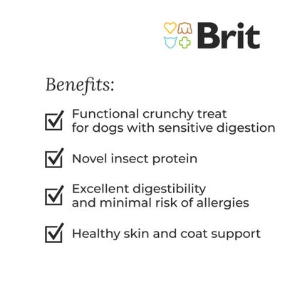 Brit Crunchy Snack for adult dogs of all breeds. Insects with lamb, enriched with raspberries. Hypoallergenic, sustainable protein, supports healthy digestion, contains coconut oil.