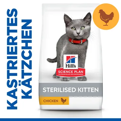 Hill's Science Plan Sterilised Kitten Trockenfutter mit Huhn, speziell für kastrierte Kätzchen. Verpackung zeigt Produktname und Huhn-Symbol.