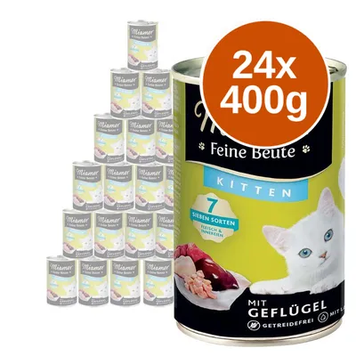 Miamor Feine Beute Kitten, 24×400g konzerv s drůbežím, sedm druhů, bez obilovin. Na obalu bílá kočka a obrázek masa.