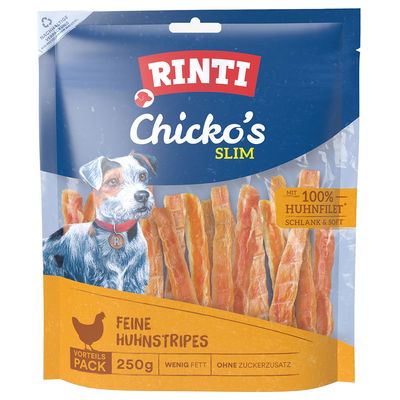 RINTI Chicko Slim XXL Pack, 900 g, SCHLANK & KNUSPRIG, KNUSPRIGE ENTENSTRIPES. Emballage bleu avec deux chiens illustrés et des lamelles de viande visibles. Texte en allemand.