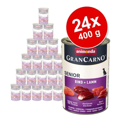24 puszki po 400 g Animonda GranCarno Senior Rind + Lamm. Widoczne opakowanie z napisem: wołowina + jagnięcina, bez zbóż i glutenu, 100% świeże składniki, Made in Germany. 24 puszki po 400 g Animonda GranCarno Senior Rind + Lamm. Widoczne opakowanie z napisem: wołowina + jagnięcina, bez zbóż i glutenu, 100% świeże składniki, Made in Germany.