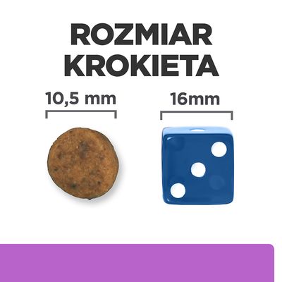 Rozmiar krokieta: średnica 10,5 mm, porównanie z kostką do gry o boku 16 mm. Widoczne napisy: ROZMIAR KROKIETA.