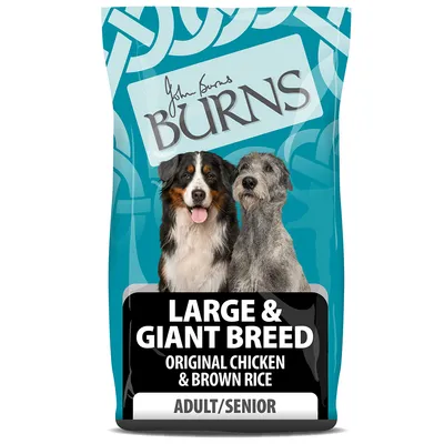 Burns Large & Giant Breed Original Chicken & Brown Rice, Adult/Senior. Product packaging shows two large breed dogs.