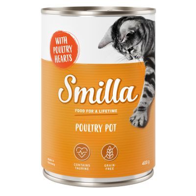 Smilla FOOD FOR A LIFETIME POULTRY POT, WITH POULTRY HEARTS, contains taurine, grain-free, dåse med kattebillede, 400 g