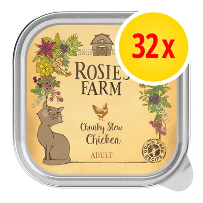 Rosie's Farm Chunky Stew Chicken Adult, ricetta senza cereali, confezione da 32 vaschette. Immagine di un gatto e scritta 'Grain Free Recipe' visibile sull'etichetta.