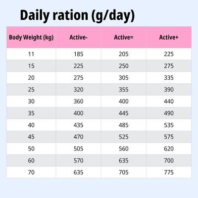 Tabella di alimentazione: razione giornaliera in grammi in base al peso corporeo (11–70 kg) e al livello di attività (active-, active=, active+).