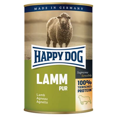 Konzerva Happy Dog Lamm Pur, Supreme Sensible, 100 % tierisches Protein, vyrobené v Nemecku, jahňacie mäso. Text: Lamb, Agneau, Agnello.