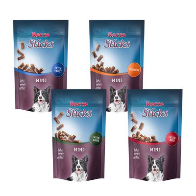Varčno pakiranje Rocco Sticks Mini Adult miks 4 x 100 g (govedina, perutnina, postrv, divjačina)