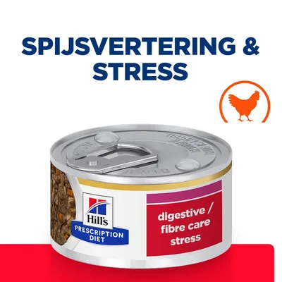 Hill's Prescription Diet blikvoer, tekst op verpakking: digestive / fibre care stress. Boven het blik staat: spijsvertering & stress. Oranje kip-icoon zichtbaar.