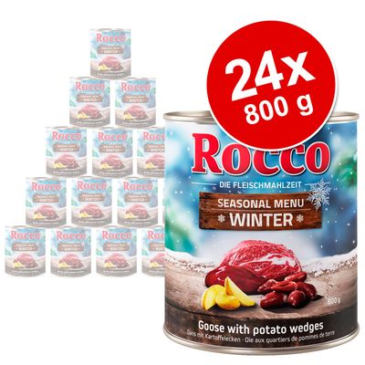 Lot de 24 boîtes Rocco Seasonal Menu Winter, 800 g chacune. Texte visible : Goose with potato wedges, Oie aux quartiers de pommes de terre. Marque et saveur clairement affichées.
