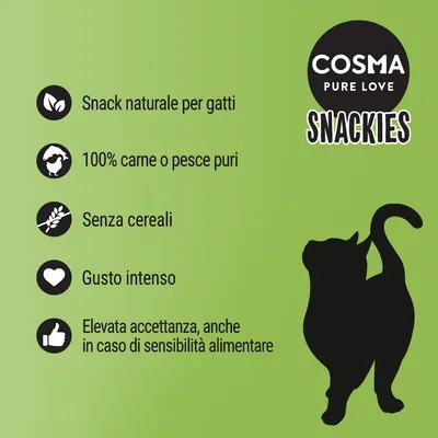 COSMA PURE LOVE SNACKIES. Snack naturale per gatti, 100% carne o pesce puri, senza cereali, gusto intenso, elevata accettanza anche in caso di sensibilità alimentare.