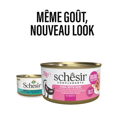 Schesir Complements Variety Pack pour chat adulte, 6x70g, 3 saveurs : thon, thon avec dorade, thon avec carottes. Filets naturels, recette originale, en bouillon, 100 % hydration.