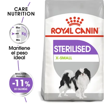 ROYAL CANIN STERILISED X-SMALL, mantiene el peso ideal, resultados probados -11 % de calorías, imagen de perro pequeño en el envase. ROYAL CANIN STERILISED X-SMALL, mantiene el peso ideal, resultados probados -11 % de calorías, imagen de perro pequeño en el envase.