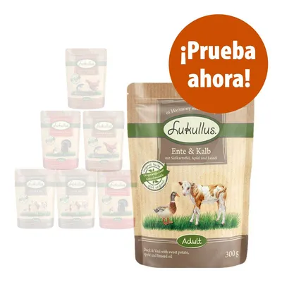 Lukullus Ente & Kalb Adult 300 g. Texto visible: '¡Prueba ahora!'. Imagen del envase con ilustración de pato y ternera, fondo con otros sabores Lukullus difuminados.