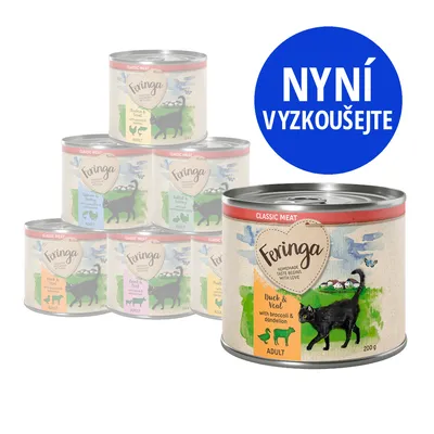Konzervy Feringa Classic Meat pro dospělé kočky, varianta Duck & Veal with broccoli & dandelion, 200 g. Modrý kruh s textem: NYNÍ VYZKOUŠEJTE.