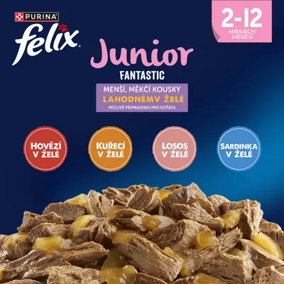 Purina Felix Junior Fantastic, vhodné pre mačiatka od 2 do 12 mesiacov, varianty: hovädzie v želé, kuracie v želé, losos v želé, sardinka v želé. Malé, mäkké kúsky v želé. Purina Felix Junior Fantastic, vhodné pre mačiatka od 2 do 12 mesiacov, varianty: hovädzie v želé, kuracie v želé, losos v želé, sardinka v želé. Malé, mäkké kúsky v želé.