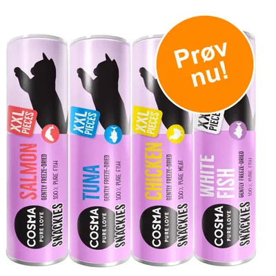 Cosma Snackies XXL Pieces: Salmon, Tuna, Chicken, White Fish. Gently freeze-dried, 100 % pure meat/fish. Prøv nu! Tekst på engelsk og dansk synlig på emballagen.