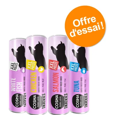 Cosma Snackies XXL Pieces pour chat : White Fish, Chicken, Salmon, Tuna. Offre d’essai visible sur un cercle orange.