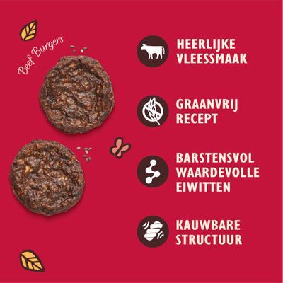 Beef Burgers. Heerlijke vleessmaak, graanvrij recept, barstensvol waardevolle eiwitten, kauwbare structuur.