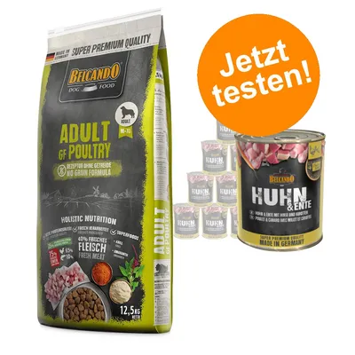 Belcando Adult GF Poultry Trockenfutter, Rezeptur ohne Getreide, 12,5kg. Belcando Huhn & Ente Nassfutter mit Hirse und Karotten, Made in Germany. Jetzt testen!