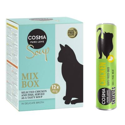 Cosma Kombi-Paket: 24 x 40 g Soup + 3 x Snackie Mixpaket 1 (4 Sorten) + Hühnchen (3 x 26 g)