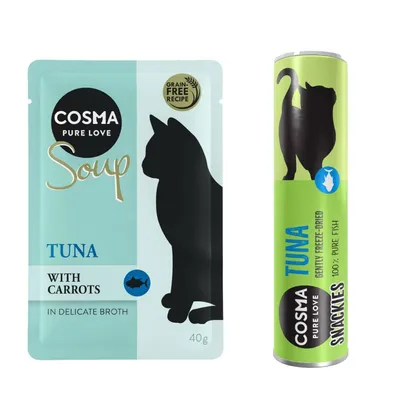 Cosma Kombi-Paket: 24 x 40 g Soup + 3 x Snackie - Thunfisch mit Karotte + Thunfisch (3 x 25 g) Cosma Kombi-Paket: 24 x 40 g Soup + 3 x Snackie - Thunfisch mit Karotte + Thunfisch (3 x 25 g)
