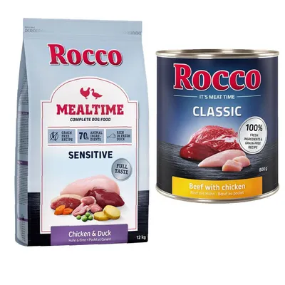 Rocco Kombi-Paket: Mealtime Trockenfutter + Classic Nassfutter - 12 kg Sensitive Huhn & Ente + 24 x 800 g Rind mit Geflügelherzen